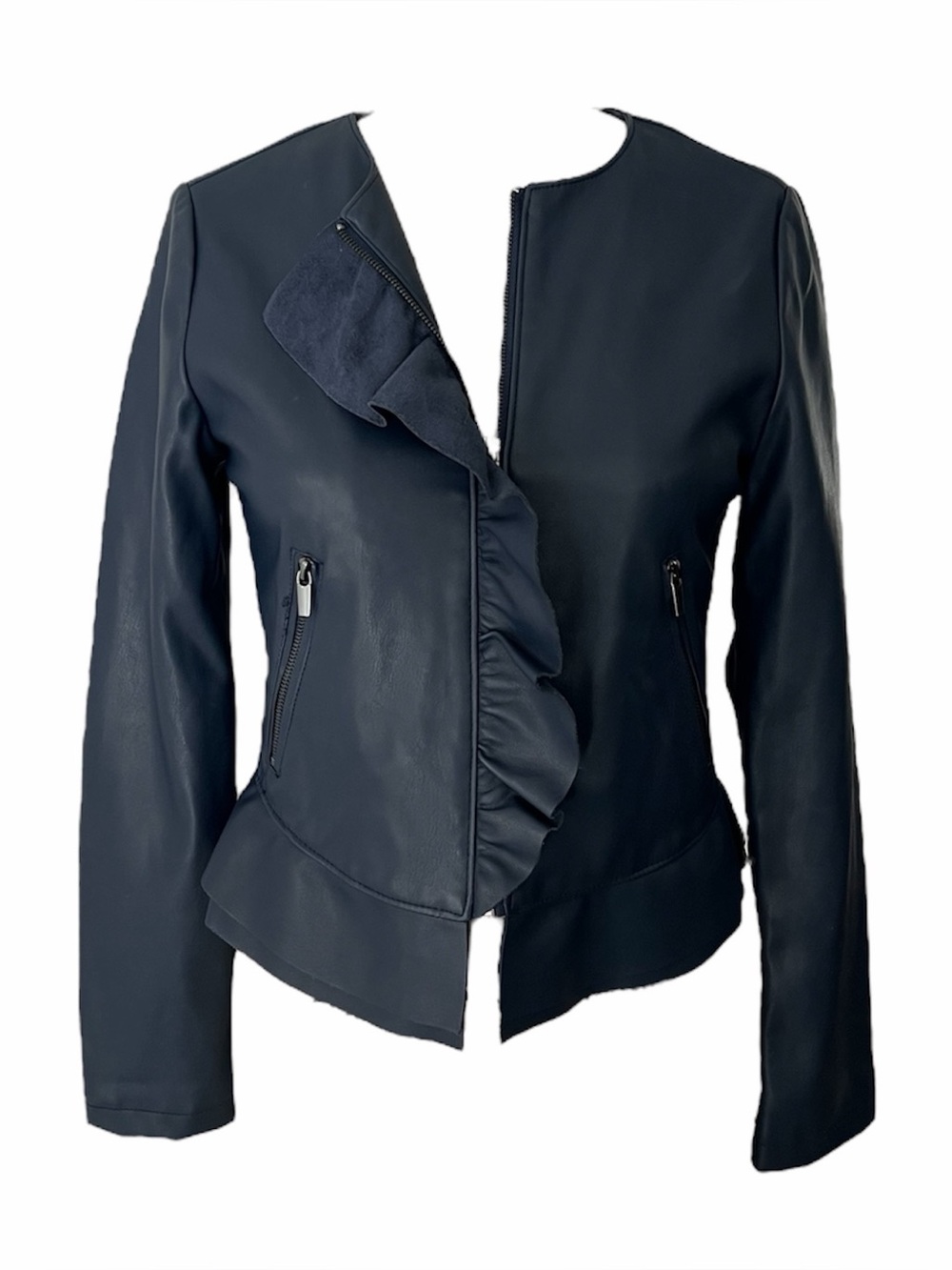 Zara Ruffled Navy Pleather Jacket